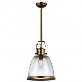 Vintage Style Ceiling Pendant In Aged Brass With Seeded Glass Shade - Large