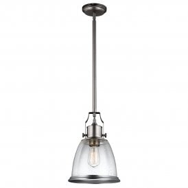 Vintage Style Ceiling Pendant In Satin Nickel With Seeded Glass Shade - Medium