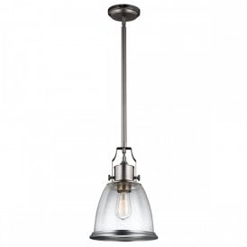 HOBSON vintage style ceiling pendant in satin nickel with seeded glass shade - medium