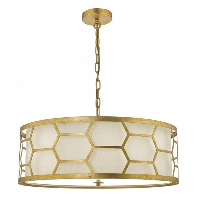 HONEYCOMB ceiling pendant in gold leaf with ivory linen shade - large