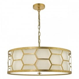 HONEYCOMB ceiling pendant in gold leaf with ivory linen shade - large