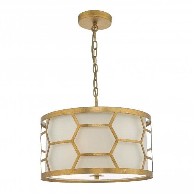 HONEYCOMB ceiling pendant in gold leaf with ivory linen shade - small
