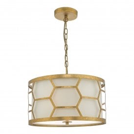 HONEYCOMB ceiling pendant in gold leaf with ivory linen shade - small