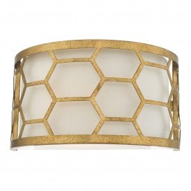 HONEYCOMB curved wall light in gold leaf with ivory linen shade
