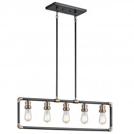 Industrial 5 Light Linear Bar Ceiling Light In Matt Black With Brass Accents