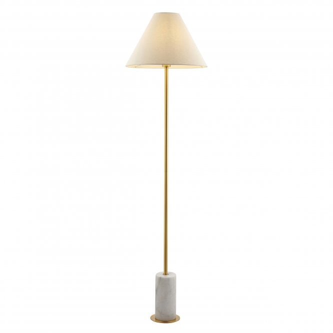Jake Floor Lamp in Brushed Aged Brass and White Marble with Fabric Shade