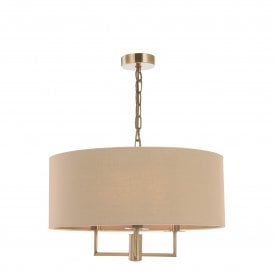 JAMELIA 3 Light Chandelier | Antique Brass | Taupe Cotton Drum Shade