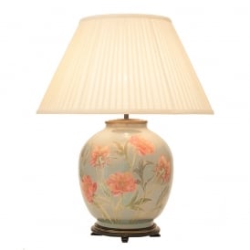 JENNY WORRALL CORAL PEONY large round patterned glass table lamp with almond pleated shade