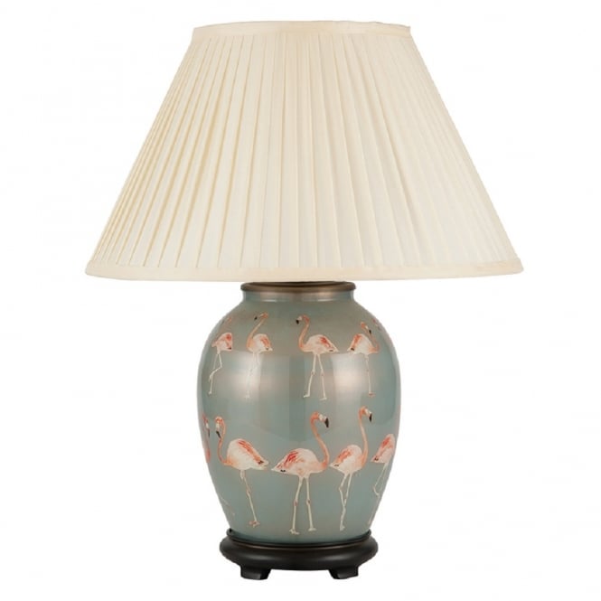  FLAMINGOS medium oval patterned glass table lamp with almond pleated shade