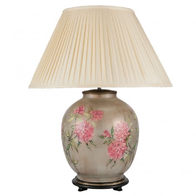  FLOWERS large patterned glass table lamp with almond pleated shade