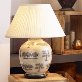 JENNY WORRALL GUINEA FOWL large round patterned glass table lamp with almond pleated shade