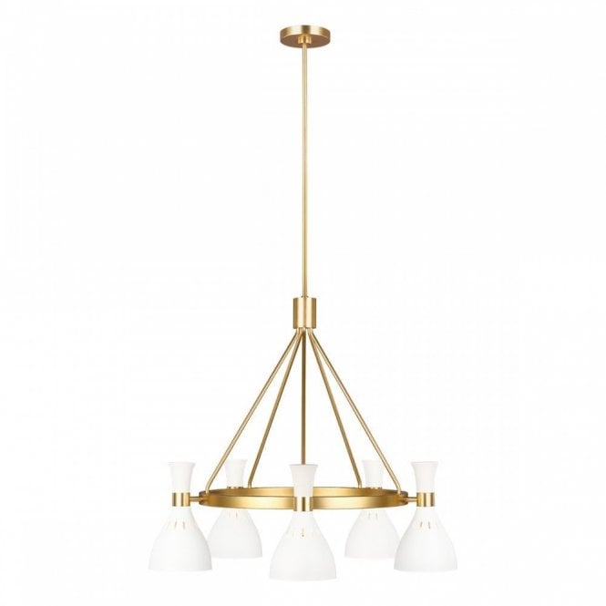 JOAN contemporary 5 light burnished brass ring chandelier with matt white shades