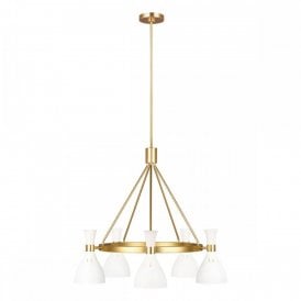 JOAN contemporary 5 light burnished brass ring chandelier with matt white shades