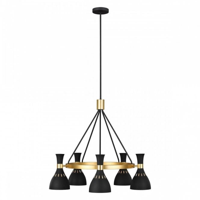 JOAN contemporary 5 light midnight black ring chandelier with burnished brass detailing
