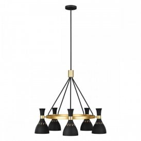 JOAN contemporary 5 light midnight black ring chandelier with burnished brass detailing