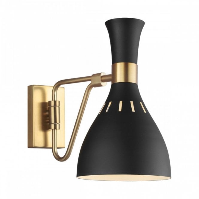 JOAN contemporary single wall light with black shade on burnished brass fitting