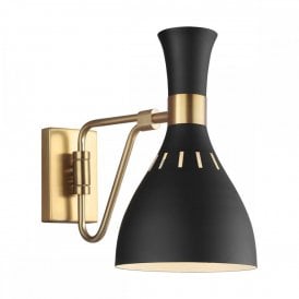 JOAN contemporary single wall light with black shade on burnished brass fitting