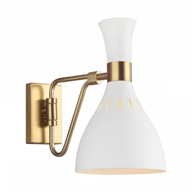 JOAN contemporary single wall light with white shade on burnished brass fitting