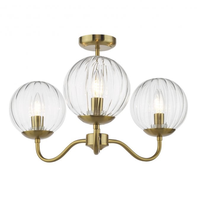 Jocelyn 3 Light Natural Brass Semi-Flush Ceiling Light with Glass Shades