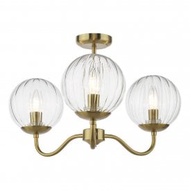 modern semi flush ceiling light fitting with three globe glass shades