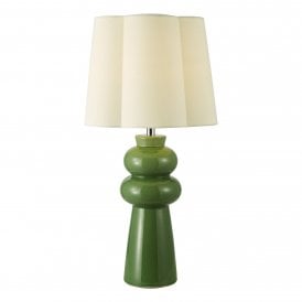 a modern green ceramic table lam with cream scalloped lamp shade