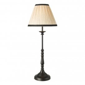 A black table lamp with cream pleated shade