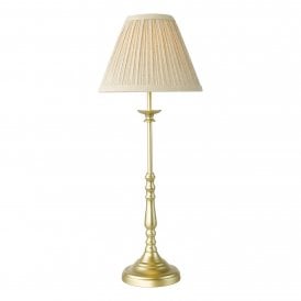 A contemporary gold table lamp with cream pleated linen shade