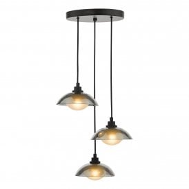 a modern black ceiling light with three pendants featuring smoked glass shades