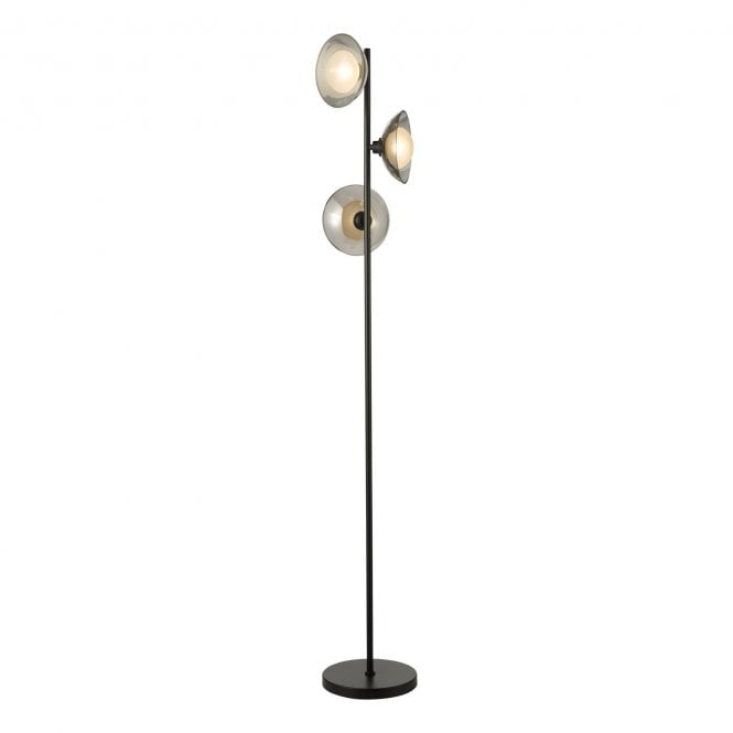 Kadience 3 Light Satin Black Floor Lamp with Smoked Glass Shades