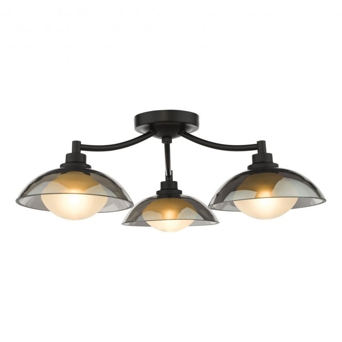 Kadience 3 Light Satin Black Semi-Flush Ceiling Light with Smoked Glass Shades