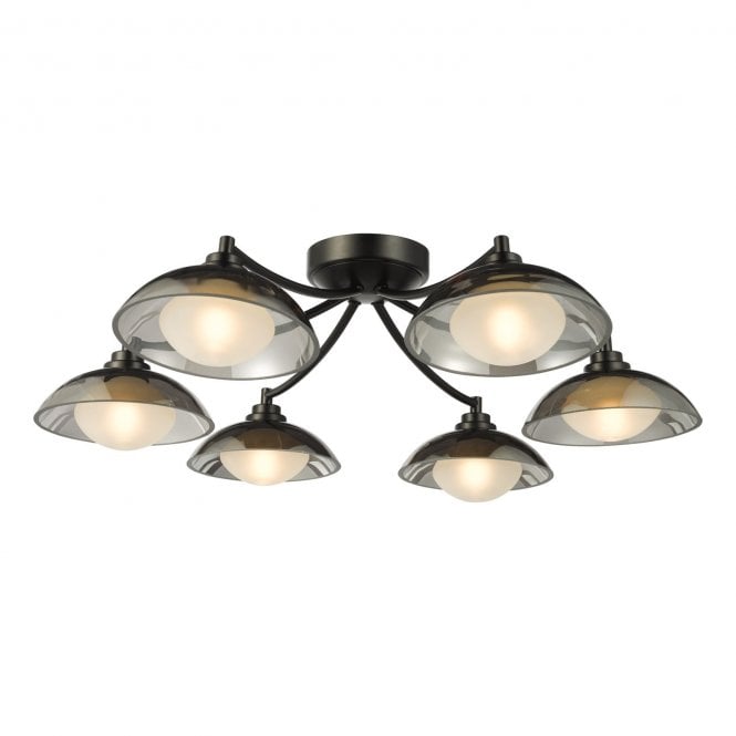 Kadience 6 Light Satin Black Semi-Flush Ceiling Light with Smoked Glass Shades
