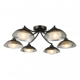 6 arm semi flush ceiling light in black with smoked glass shades 
