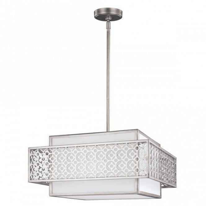 KENNEY geometric Art Deco 3 light silver ceiling pendant with white inner linen shade