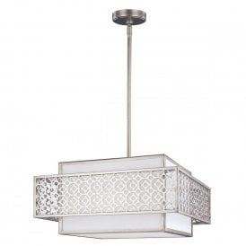 KENNEY geometric Art Deco 3 light silver ceiling pendant with white inner linen shade