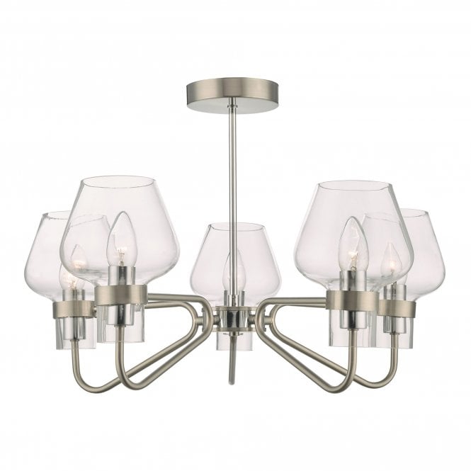 KETA satin chrome 5 arm ceiling light with clear glass shades