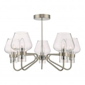 KETA satin chrome 5 arm ceiling light with clear glass shades