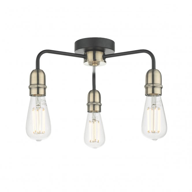 KIEFER industrial bare bulb black and antique brass low ceiling light - 3 lights