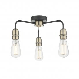  Industrial Bare Bulb Black And Antique Brass Low Ceiling Light - 3 Lights