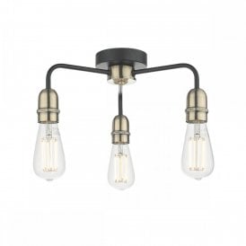 KIEFER industrial bare bulb black and antique brass low ceiling light - 3 lights