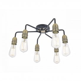 KIEFER industrial bare bulb black and antique brass low ceiling light - 6 lights