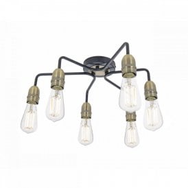 KIEFER industrial bare bulb black and antique brass low ceiling light - 6 lights