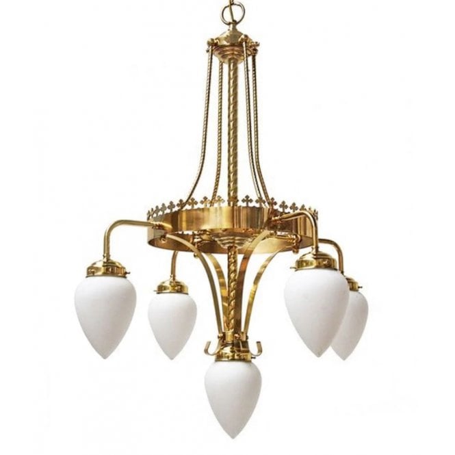 KILLARNEY 4 Light Church Style Chandelier in Satin Brass with Etched Glass Pineapple Shades