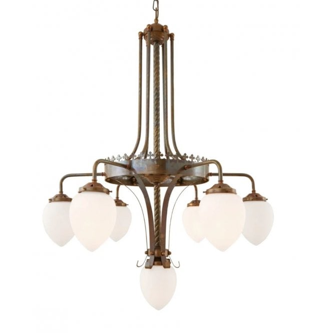 KILLARNEY 6 Light Church Style Chandelier in Antique Brass with Etched Glass Pineapple Shades
