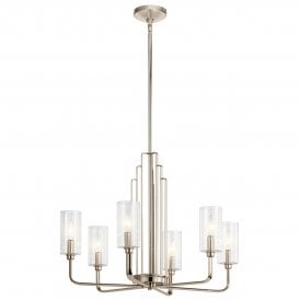 6 arm polished nickel chandelier with glass shades 