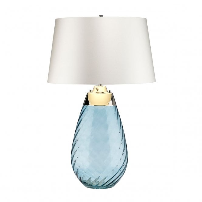 LENA blue tinted glass table lamp with off-white satin shade - large