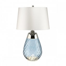 LENA blue tinted glass table lamp with off-white satin shade - small