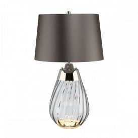 LENA smoke tinted glass table lamp with slate grey satin shade - small