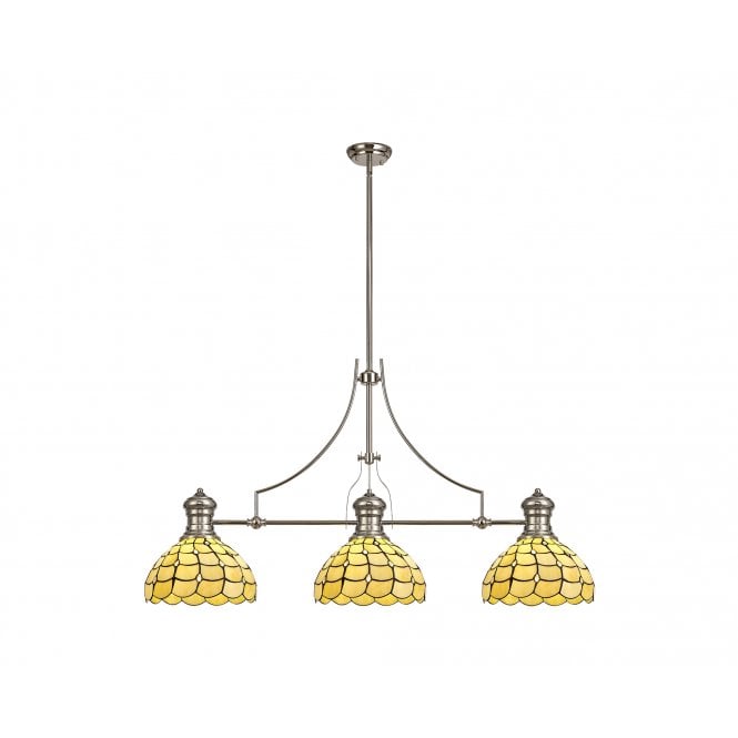 LINCOLN Collette Tiffany 3 Light Linear Ceiling Pendant Bar Light 30cm Polished Nickel Beige Clear Crystal