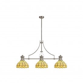 LINCOLN Collette Tiffany 3 Light Linear Ceiling Pendant Bar Light 30cm Polished Nickel Beige Clear Crystal