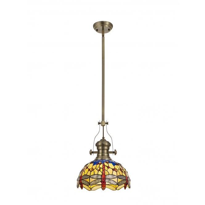 LINCOLN, Hazel Tiffany Ceiling Pendant Light 30cm Antique Brass, Blue, Orange, Crystal